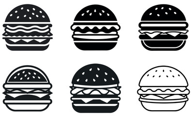 Six Black and White Hamburger or Burger Icons with Different Fill and Outline Styles