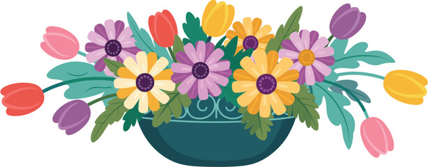 Colorful spring flower arrangement in a pot