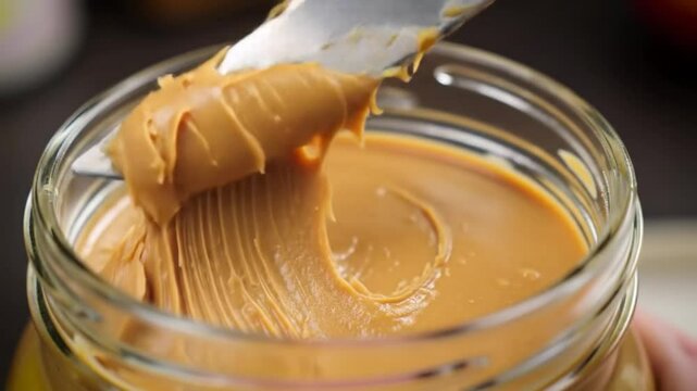 Stirring creamy peanut butter in jar with kitchen knife, close-up