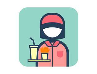 ポテトとジュースを持つファーストフード店員のシンプルな四角いカラフルカラーイラストアイコン