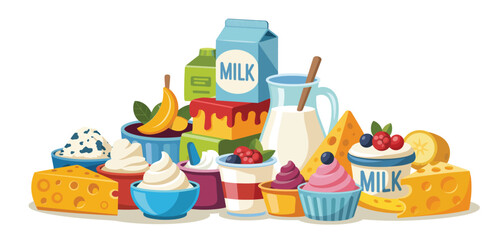 Assorted dairy products and fruits illustration