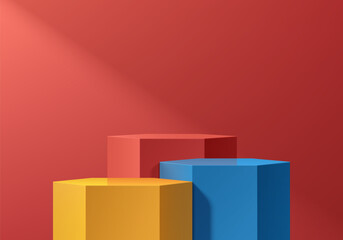 Naklejka na ściany i meble Yellow, red and blue 3D hexagon podium with red wall scene. Minimalist mockup pedestal, Abstract cosmetic stand product display presentation, Stage for showcase. Platforms vector design. Studio room.