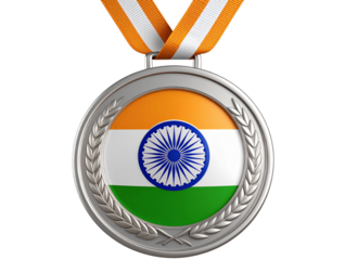 Silver Sports Medal with Indian Flag Center Emblem, Transparent Background