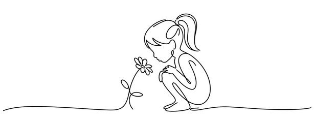 Little girl kneeling by a flower one line drawing