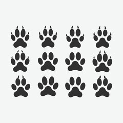 A clean collection of 12 dark gray paw print vector silhouettes in grid format. Perfect for icons, pet graphics, animal ID, or symbolic designs. Simple, illustrative, and high-contrast.