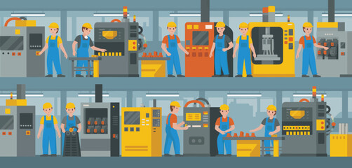 Fototapeta premium Factory workers operating industrial machinery in a modern plant