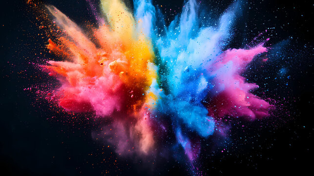 Colored powder explosion. Abstract closeup dust on backdrop. Colorful explode. Paint holi 