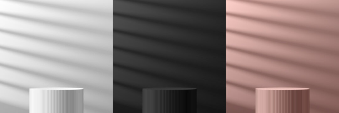 Set of silver, black and pink gold realistic 3D cylindrical podium background with window lighting on wall scene. Minimalist mockup pedestal, abstract product display presentation, Stage showcase.