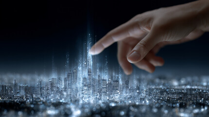 Hand hovering over holographic cityscape on a virtual display, concept of digital twin for smart infrastructure, futuristic business solutions holographic display, digital twin, sm