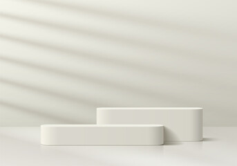 3D cream round steps podium pedestal background in empty clean room with window lighting. Minimal empty mockup abstract product display presentation, Stage showcase. Platforms vector geometric design.