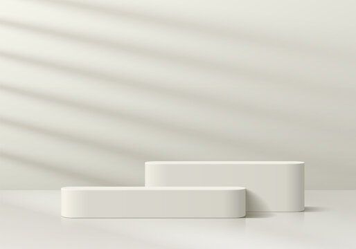 3D cream round steps podium pedestal background in empty clean room with window lighting. Minimal empty mockup abstract product display presentation, Stage showcase. Platforms vector geometric design.