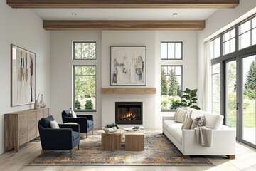 Modern farmhouse living room with white sofa, navy accents, fireplace, wood beams, large windows, neutral furniture, and colorful artwork