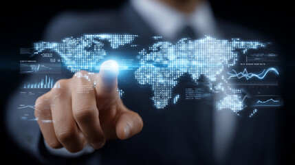 Business professional using futuristic touchscreen interface with virtual data charts and global analytics, concept of smart technology and business intelligence business professio