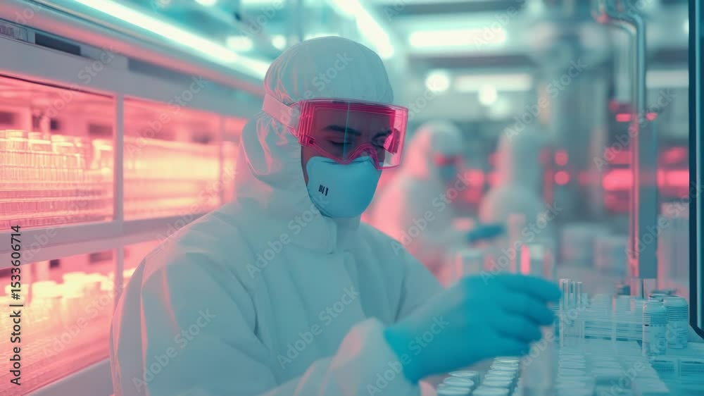 Poster A scientist in a lab coat and goggles works on a computer