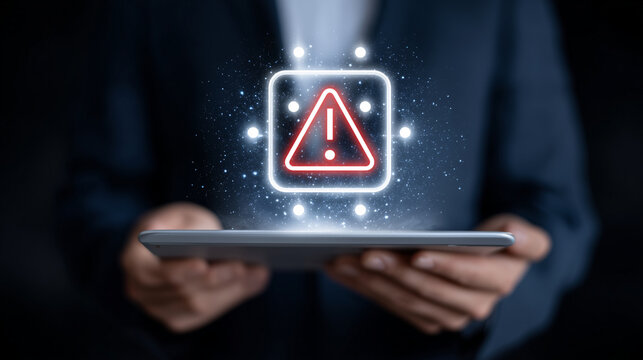 Businessman holding tablet with glowing hologram of AI chatbot and warning symbols, concept of artificial intelligence risks, ethical concerns, and chatbot malfunctions AI chatbot,