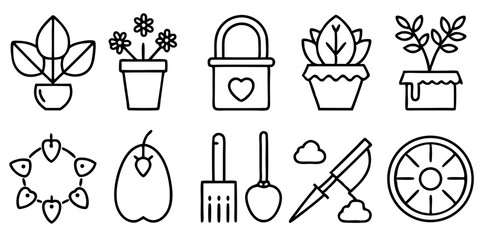 Gardening collections editable stroke outline web icons set. flower, fruit, vegetables, scissor, wheelbarrow, shovel and more... Vector illustration