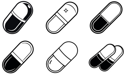 Black and White Illustration of Six Capsule Pills with Various Designs on White Background
