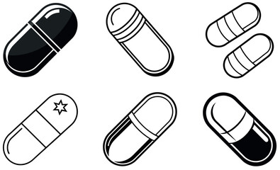 Illustration of Six Monochrome Capsule Pills in Various Designs on White Background