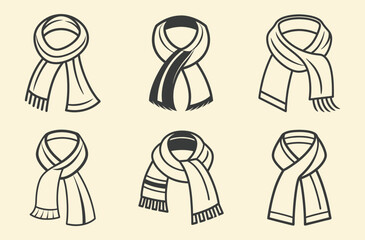 Scarf outline vector, Scarf set, winter clothing icon, line art illustration