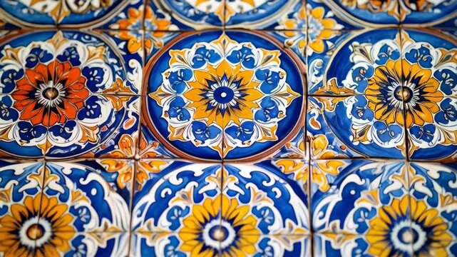 Detailed close-up of traditional ornate ceramic tiles featuring intricate floral designs in vibrant yellow, blue, and orange color palette
