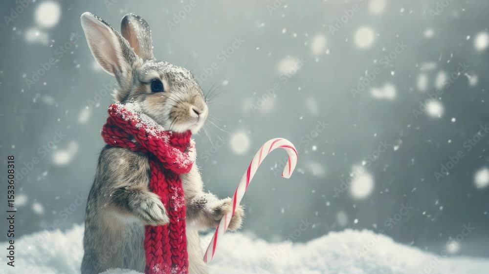 Poster a rabbit holds a candy cane in a snowy scene