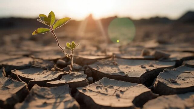 Resilience in Arid Lands: A lone sprout emerges defiantly from cracked, dry earth, bathed in the warm, hopeful light of the setting sun, evoking themes of perseverance and tenacity amidst adversity.