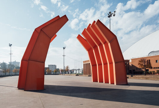 Ravenna, Italy - November 12, 2023: Alberto Burri&rsquo;s &ldquo;Grande Ferro R&rdquo; sculpture, which brings to mind the hull of a capsized ship.