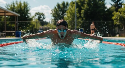 Dynamic front view of a young male swimmer performing the butterfly stroke with intense effort and splashing water in an outdoor swimming pool.
