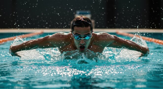 Dynamic front view of a young male swimmer performing the butterfly stroke with intense effort and splashing water in an outdoor swimming pool. - Powered by Adobe