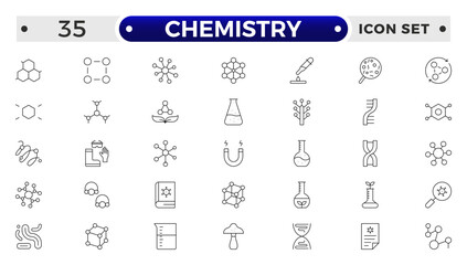 Chemistry outline icon set. Containing beaker, experiment, microscope, test tube, laboratory, molecule and more. Line vector icons collection.