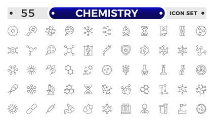 Chemistry outline icon set. Containing beaker, experiment, microscope, test tube, laboratory, molecule and more. Line vector icons collection.