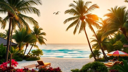 Fototapeta premium Tranquil sunset on tropical beach with palm trees