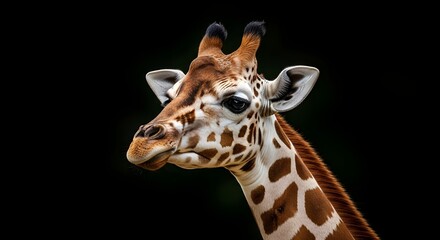 Studio Portrait of a Young Giraffe With Curious Eyes on a Black Background – Wildlife Close-Up