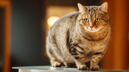 Domestic cat with signs of obesity thick belly and swollen fat muzzle. Sedentary lifestyle pet. Disease. Laziness. problems associated obesity due greater amount food treats we consume unhealthy diet