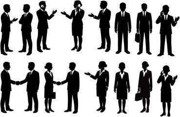 This image features black silhouette icons of businessmen and businesswomen in various professional poses, such as talking, shaking hands, and using a phone. It represents typical office or corporate 