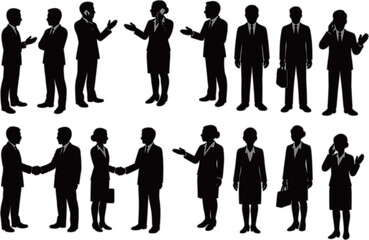 This image features black silhouette icons of businessmen and businesswomen in various professional poses, such as talking, shaking hands, and using a phone. It represents typical office or corporate 