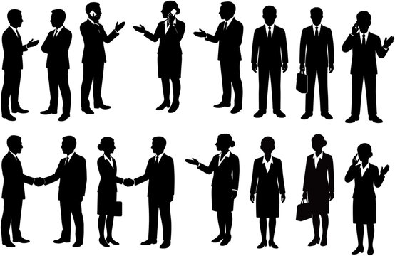 This image features black silhouette icons of businessmen and businesswomen in various professional poses, such as talking, shaking hands, and using a phone. It represents typical office or corporate 