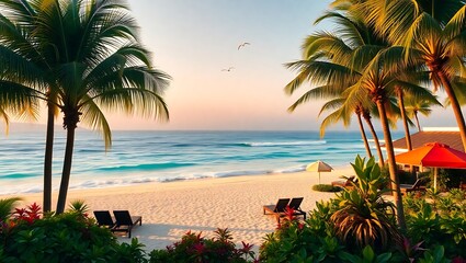 Fototapeta premium Tranquil sunrise on a tropical beach with palm trees