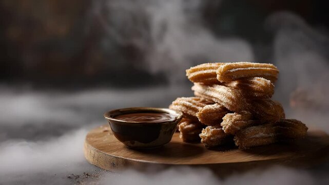 Close up of sugared churros stacked on a wooden board with a small bowl of chocolate sauce. Dark background with dramatic lighting and swirling smoke for added atmosphere.