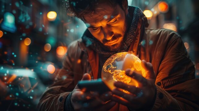 Man holding glowing Earth globe, looking at phone in city