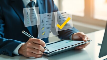 Professional reviewing resumes on a digital tablet