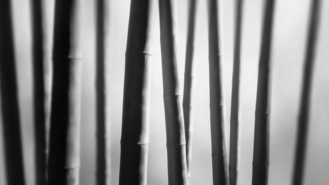 Bamboo Stalks: A close-up black and white photograph shows a cluster of bamboo stalks, creating a visually striking pattern of light and shadow. The stark contrast enhances the textures. 