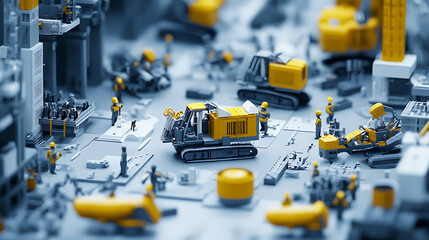 Miniature Construction Site with Workers and Machinery