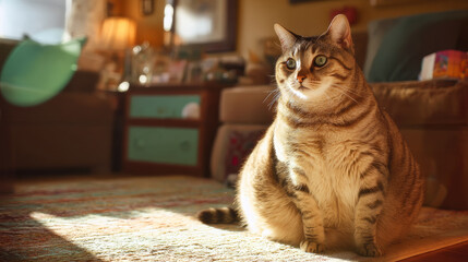 Domestic cat with signs of obesity thick belly and swollen fat muzzle. Sedentary lifestyle pet. Disease. Laziness. problems associated obesity due greater amount food treats we consume unhealthy diet