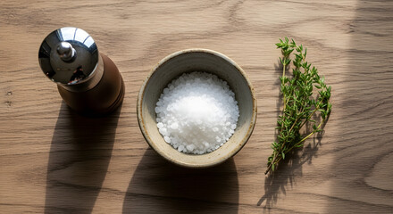 Salt and pepper with herbs on wooden table