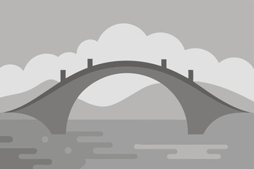 Serene Landscape Arch Bridge Over Calm Water, Misty Mountains