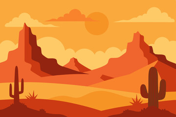 Sunset Desert Landscape Arid Mountains, Cacti, and Golden Hues Illustration