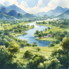Tranquil wide-frame of a slow-moving river through rural Ha Tien, green fields and forest merging into a mountainous horizon Rajasthani miniature techniques, fine brush detailing,