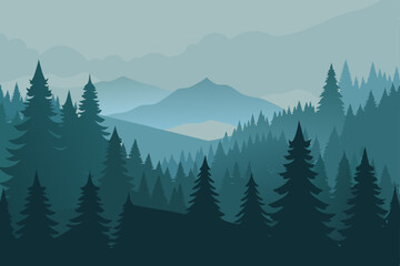 Serene Mountain Landscape Misty Peaks and Evergreen Forest Silhouette