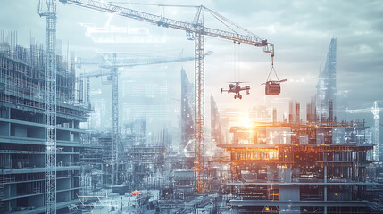 Construction Site with Cranes and Drones Under a Futuristic Skyline
